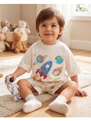 Babytex Çocuk Oversize Baskılı Tişört – Uzay Roketi Tasarımlı Unisex Pamuklu Çocuk Tişörtü
