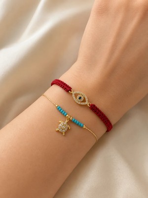 Beatis Kadın Zirkon Taşlı Göz  Figürlü, Kaplumbağa Figürlü Duo 2 Li Bileklik Seti