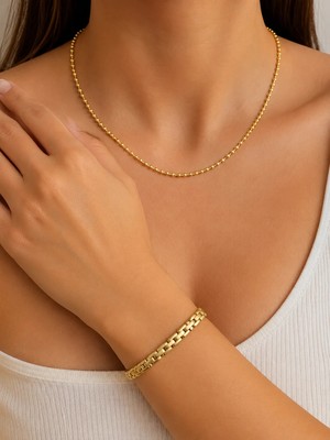Beatis Kadın Gold Kaplama  Hasır Zincir Bileklik ve Top Boncuk Zincir Kolye  Duo  2 Li Kolye- Bileklik Seti