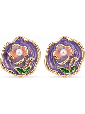 Serelya Pirinç Mor Mineli Çiçek Figürlü Sanatsal Portre Model Gold Renk Kadın Küpe