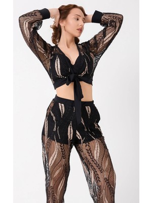 Gallipoli Bralet Sütyen Transparan Gömlek ve Pantolon Takım Siyah (MGP32486)
