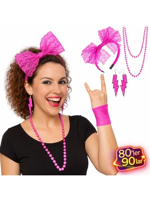 Uravas Store 80’ler 90’lar Neon Pembe Parti Seti – Kolye Küpe Taç