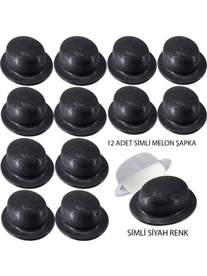Uravas Store Siyah Renk Simli Melon Yuvarlak Parti Şapkası 12 Adet