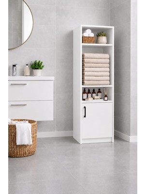 Rudu Duru Çok Amaçlı Banyo Dolabı Düzenleyici 45X34X156 cm 1 Kapaklı 5 Raflı