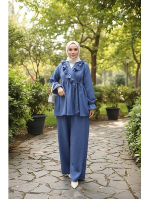 Stil Kuşağı Saks Mavi Yaka Fırfırlı Tunik Pantolonlu Takım