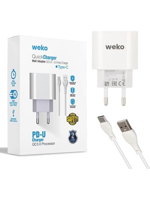 Teknik Durak Hızlı Şarj Adaptörü + Type-C Kablo Weko WK-21442 Pd-U Qc 3.0 3A (Beyaz)