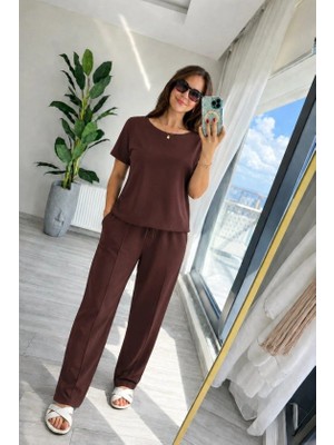 Defy Moda Kadın Kısa Kollu Bisiklet Yakalı Viskon Iki Iplik Bluz ve Pantolon Ikili Takım