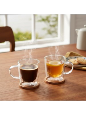 Hsc Bilişim Deconox 2'li Çift Cidarlı Kulplu Cam Fincan Seti - 100 ml Isıya Dayanıklı Espresso ve Türk Kahvesi