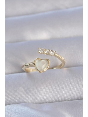Uravas Store Pirinç Gold Renk Zirkon Taşlı Sedefli Kalp Model Ayarlanabilir Yüzük 5886