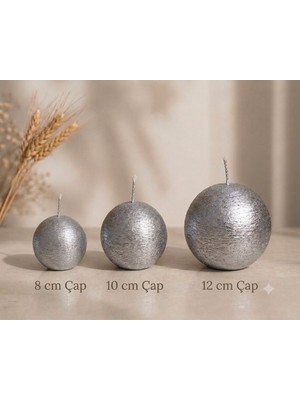 Usta Mum 3'lü Tırtıklı Gümüş Dokulu Küre Mum Seti 8CMX10CMX12CM Yuvarlak Mum Top Mum Gümüş Mum