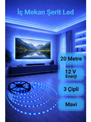 20 M ◆ LED Mavi Işık ◆ Iç Mekan ◆ Yüksek Lümen ◆ Ekstra Kalın Pcb ◆ ( Trafosuz )