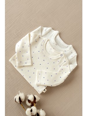 Mimu Baby %100 Pamuk Pointel Uzun Kollu Bebek Zıbın 2'li Set - Mor Kalpli / Mavi Kalpli