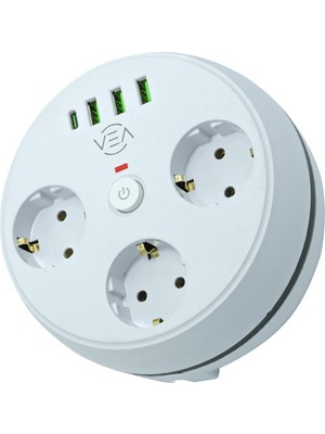 Teknik Durak Kablolu Grup Priz – 3 USB + 1 Type-C Girişli Akım Korumalı vea VE-26583 3lü 1.5m