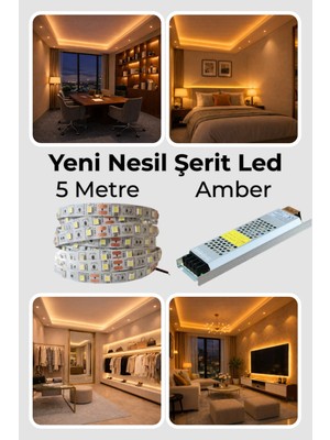 Yeni Nesil Şerit LED Seti ◆ 5 Metre Amber LED + 5 Amper 60 W Slim Trafo