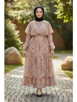 Stil Kuşağı Kadın Vizon Astarlı Bel Lastikli Şifon Elbise