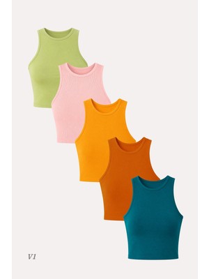 Özkan Underwear 5'li Kadın Pamuklu Likralı Ribana Fitilli Crop Atlet Tişört | 27120
