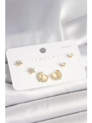 Uravas Store 925 Ayar Gümüş Çivi Zirkon Taşlı Hilal Yıldız Model Kadın Küpe Seti - TJ-BKP10399