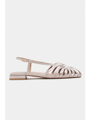 Nişantaşı Shoes Leny Koyu Bej Saten Biyeli 1-2 cm Kalın Topuklu Kadın Sandalet Babet