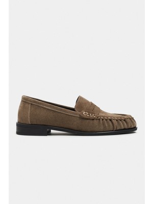 Nişantaşı Shoes Naty Koyu Bej Süet Hakiki Deri Kadın Loafer Ayakkabı