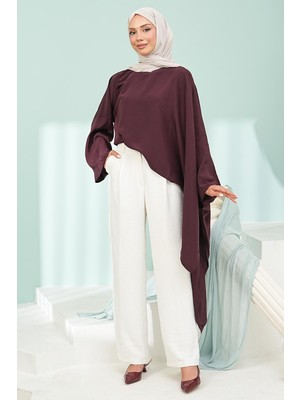 İmaj Butik Mürdüm Asimetrik Kesim Pelerin