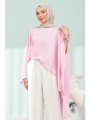 İmaj Butik Pembe Asimetrik Kesim Pelerin