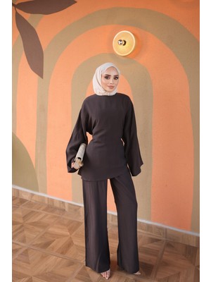 İmaj Butik Kahverengi Bel Bağlamalı Tunik Pantolonlu Takım