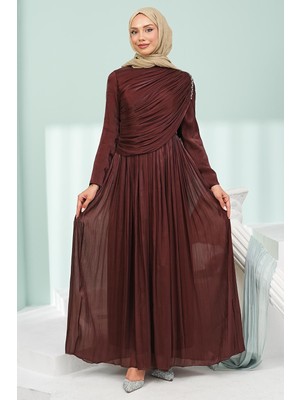 İmaj Butik Kahverengi Önü Büzgülü Yaka Taşlı Abiye