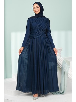 İmaj Butik Lacivert Önü Büzgülü Yaka Taşlı Abiye