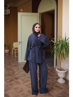 İmaj Butik Lacivert Ceket Pantolonlu Kuşaklı Takım