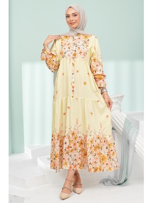 İmaj Butik Sarı Yarım Düğmeli Kol Lastikli Eteği Katlı Elbise