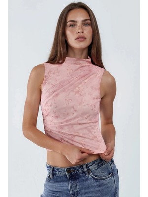 Hiccup Kadınlar Çiçek Desenli Bisiklet Yaka Crop Top Pembe