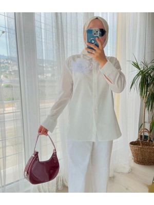 Ges Shop Kadın Ekru Renk Gül Detaylı Coton Gömlek