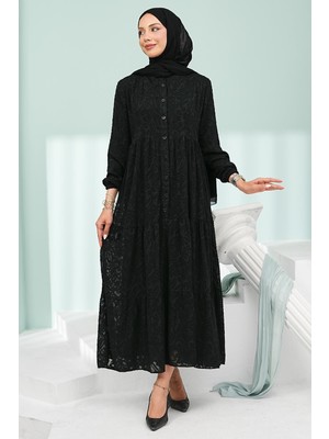 İmaj Butik Siyah Yarım Düğmeli Eteği Katlı Jakarlı Elbise
