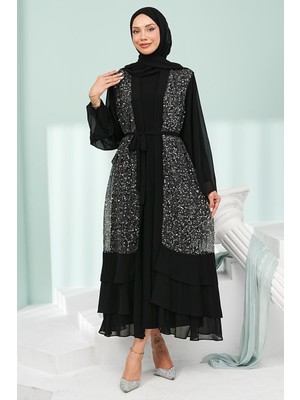 İmaj Butik Siyah Eteği Katlı Ikili Abaya Takım