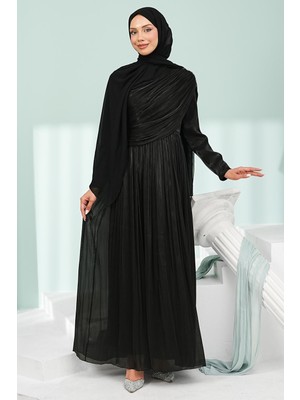 İmaj Butik Siyah Önü Büzgülü Yaka Taşlı Abiye