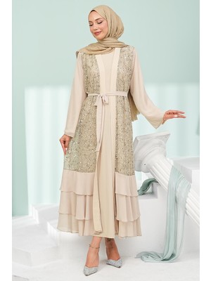 İmaj Butik Bej Eteği Katlı Ikili Abaya Takım