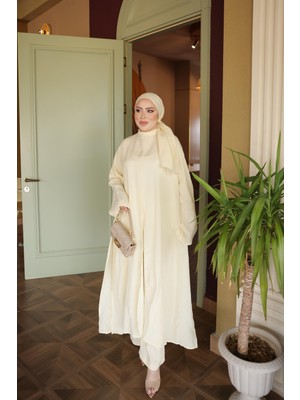 İmaj Butik Sarı Şal Detaylı Tunik Pantolonlu Takım