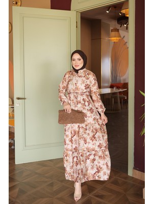 İmaj Butik Kahverengi Yarım Düğmeli Kol Lastikli Eteği Katlı Elbise