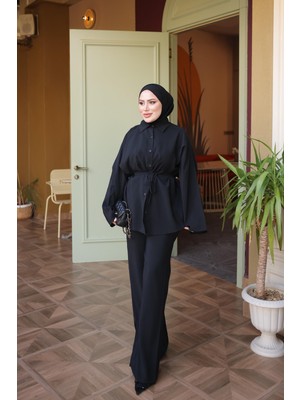 İmaj Butik Siyah Bel Bağlamalı Gömlek Pantolonlu Takım