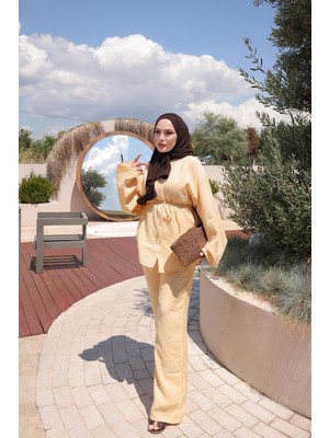 İmaj Butik Sarı Bel Bağlamalı Gömlek Pantolonlu Takım
