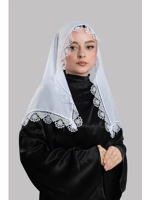 Giverny Beyaz Namaz Başörtüsü Eşarp Kesik Elyaf Güpürlü 202211_42