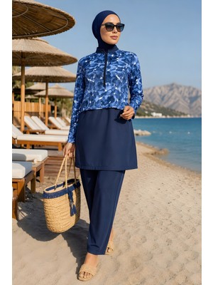 İmaj Butik Lacivert Su Geçirmez Tesettür 3'lü Mayo Takım