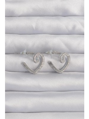 Uravas Store Pirinç Gümüş Renk Zirkon Taşlı Kıvrımlı Yarım Kalp Küpe - TJ-BKP9278