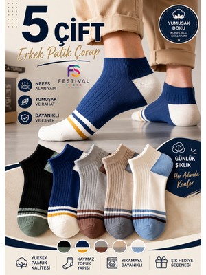 Festival Socks Erkek Patik Çorap 5'li Set Pamuklu Nefes Alan Esnek Günlük Sneaker Çorap 40-44