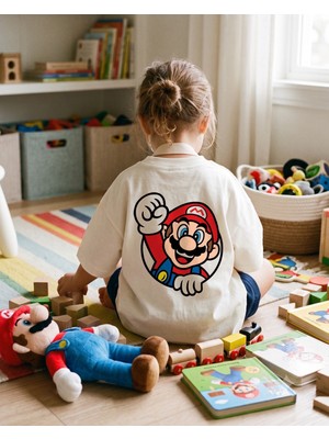 Babytex Çocuk Oversize Tişört Çift Taraf Baskılı Oyun Temalı Beyaz Unisex Pamuklu Tişört