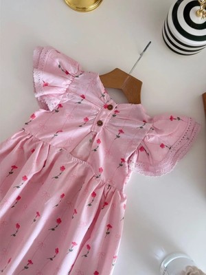 Magu Kız Çocuk Pamuklu Pembe Çiçek Desenli Dantel Kollu Elbise