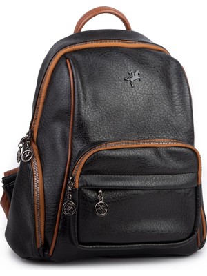 Nas Bag Kadın Çok Cepli Sırt Çantası (En :30CM x Boy:34) Siyah Taba Victoria