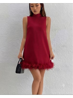 Nake Butik Kadın Dik Yaka Kolsuz Tüy Detaylı Mini Elbise