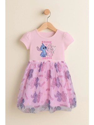 Magu Kız Çocuk Pamuklu Pembe Stitch ve Angel Baskılı Tül Etekli Elbise