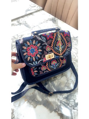 NV JEWELRY Mavi Desenli Bohem El Çantası